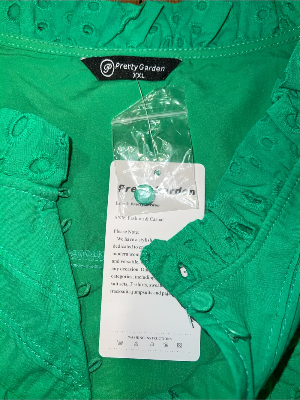 PRETTYGARDEN Green Eyelet Lace Puff Sleeve Blouse NWT XXL Boho Ruffle Neck - Picture 9 of 11